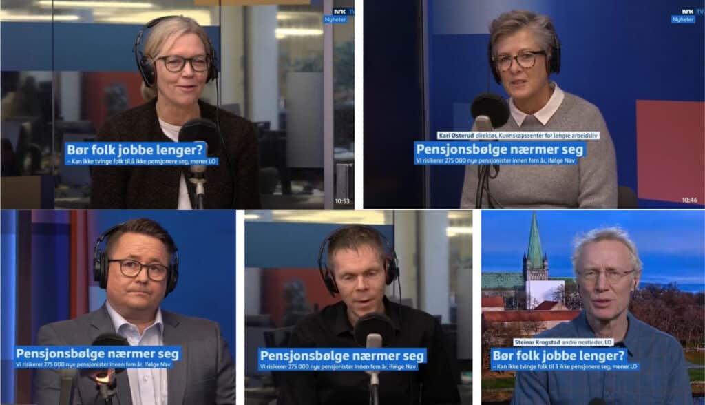 Debatt på Helgemorgen med NHO, NAV, LO og Kunnskapssenter for lengre arbeidsliv. (skjermdumper fra nrk.no)